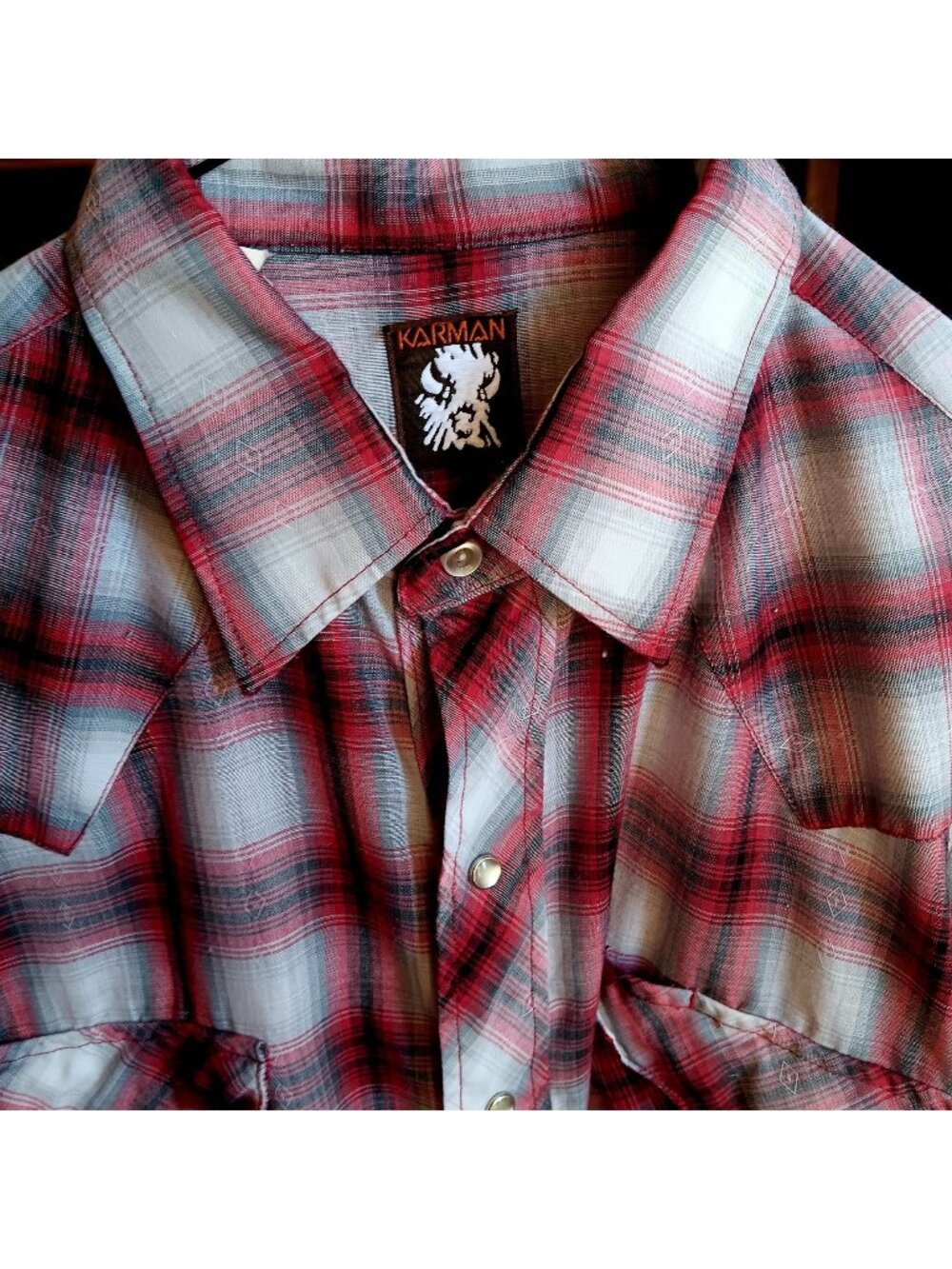 Vintage Medium Cowboy Snap Shirt Karman Shadow Plaid Western 1990's Thin